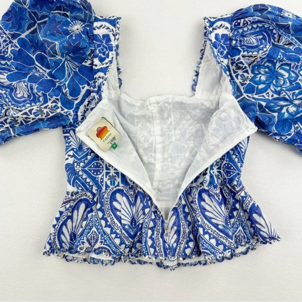FARM Rio Blue Floral Patchwork Puff Sleeve Blouse